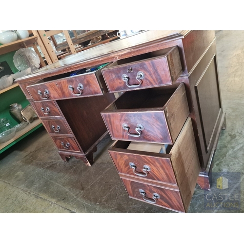 88 - Vintage Twin Pedestal / Kneehole 8-Drawer Writing Desk with Inlaid Green Leather Top and Brass Handl... 