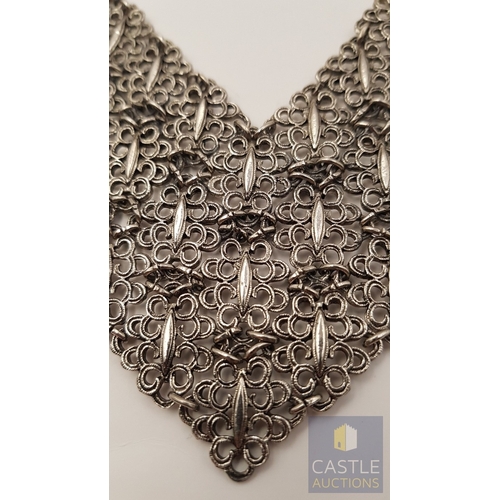 356 - Costume Jewelry, White Metal, Filigree Design Wide Bib Collar Necklace, Collar Choker Necklace (Appr... 
