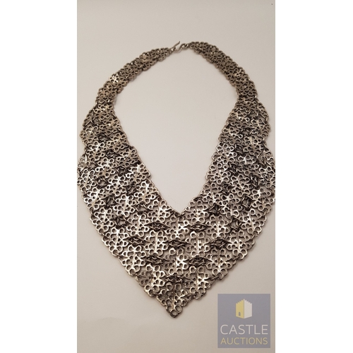 356 - Costume Jewelry, White Metal, Filigree Design Wide Bib Collar Necklace, Collar Choker Necklace (Appr... 
