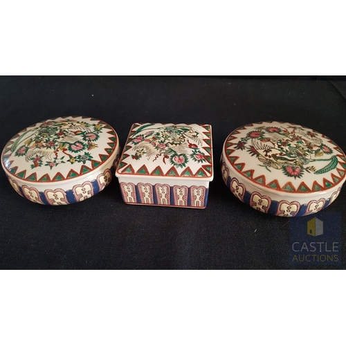 359 - 3x Large Vintage Japanese Imari- Style Porcelain Trinket Boxes, Intricate Floral and Bird Designs, C... 