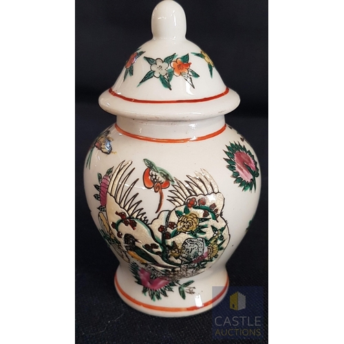 361 - Oriental Vintage Hand Painted Porcelain Small Jars/Urns, Designs of Birds and Floral Motifs, Polychr... 