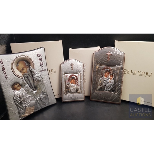 372 - 3x Holy Icons; 2x Mother with Child (Approx. 6cm x 11.5cm / 8cm x 14.5cm) and 1x Saint Stylianos (Ap... 