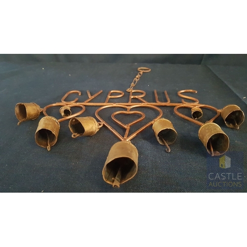 92 - Cyprus Memorabilia, Metal Art, Handmade Decorative 'Cyprus' Wind Chime in Shape of Heart and Bells.