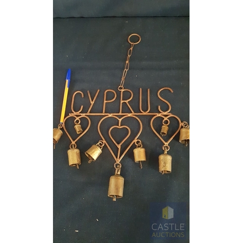 92 - Cyprus Memorabilia, Metal Art, Handmade Decorative 'Cyprus' Wind Chime in Shape of Heart and Bells.