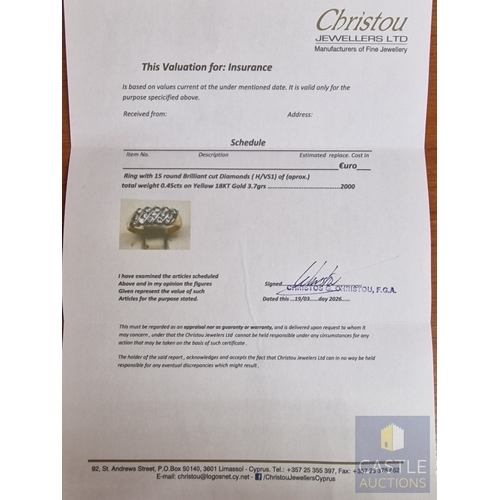 20 - 18ct Gold Ring with 15 x Round Cut Diamonds, in 5 x Angled Rows (Approx. 0.45tcw, VS1 / H), Set in 1... 