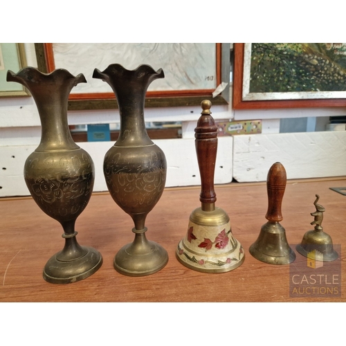 36 - Pair of Brass Vases, Together with 3 x Hand Bells (2 with Turned Wooden Handles), (5)