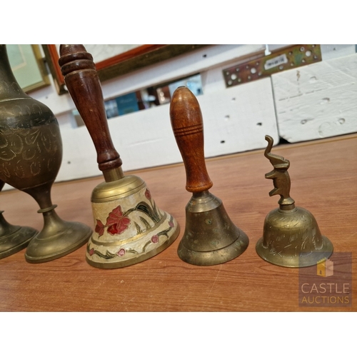 36 - Pair of Brass Vases, Together with 3 x Hand Bells (2 with Turned Wooden Handles), (5)