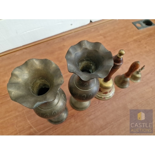 36 - Pair of Brass Vases, Together with 3 x Hand Bells (2 with Turned Wooden Handles), (5)