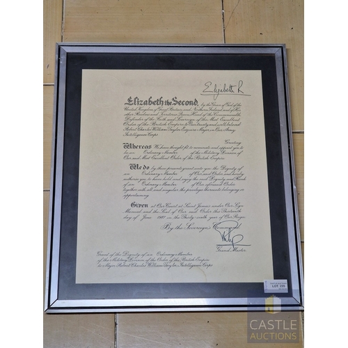365 - Framed Rare HM Queen Elizabeth II & HRH Prince Philip Duke of Edinburgh Royal Document; OBE Certific... 