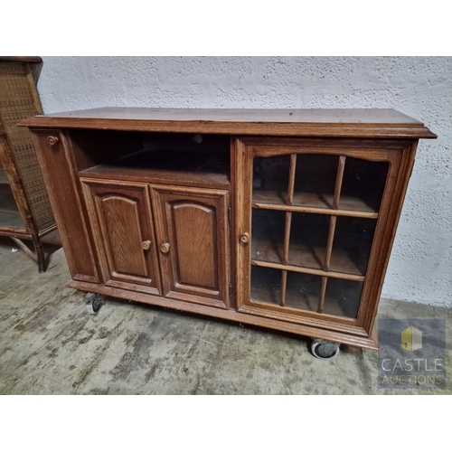367 - Solid Wood TV Unit on Wheels, with CD Cupboard, Media Shelf Over Double Cupboard and Glazed Door to ... 