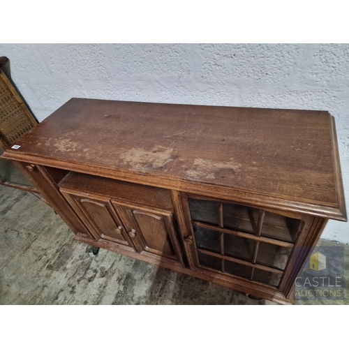 367 - Solid Wood TV Unit on Wheels, with CD Cupboard, Media Shelf Over Double Cupboard and Glazed Door to ... 
