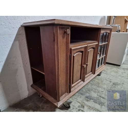 367 - Solid Wood TV Unit on Wheels, with CD Cupboard, Media Shelf Over Double Cupboard and Glazed Door to ... 