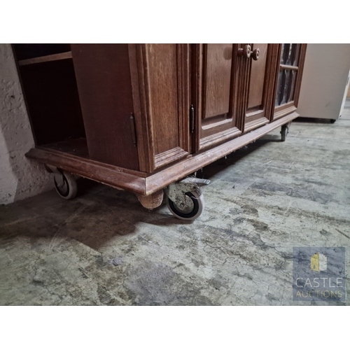 367 - Solid Wood TV Unit on Wheels, with CD Cupboard, Media Shelf Over Double Cupboard and Glazed Door to ... 