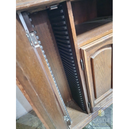 367 - Solid Wood TV Unit on Wheels, with CD Cupboard, Media Shelf Over Double Cupboard and Glazed Door to ... 