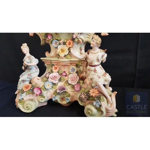 1 - A Decorative Continental Porcelain Mantel Clock, Richly Modelled with Applied Flowers, Scrollwork an... 