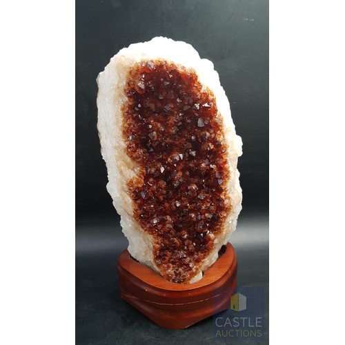 40A - Rare Decorative Collectible Citrine Quartz Crystal on Wooden Base (Approx. 21.5cm x 11.5cm).