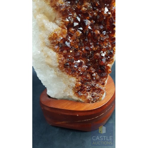 40A - Rare Decorative Collectible Citrine Quartz Crystal on Wooden Base (Approx. 21.5cm x 11.5cm).