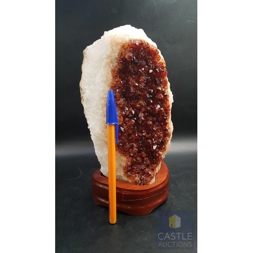 40A - Rare Decorative Collectible Citrine Quartz Crystal on Wooden Base (Approx. 21.5cm x 11.5cm).