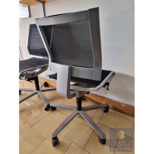 39A - 2 x Grey Metal Office Chairs with Black Mesh Seat and Back Rests, Adjustable, on Wheels, by 'Wilkhah... 