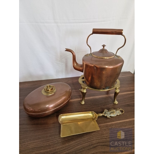 191 - Copper & Brass Hot Water Bottle and Kettle, Together with Brass Trivet Stand and Vintage Crumb Tray ... 