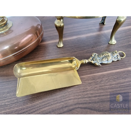 191 - Copper & Brass Hot Water Bottle and Kettle, Together with Brass Trivet Stand and Vintage Crumb Tray ... 