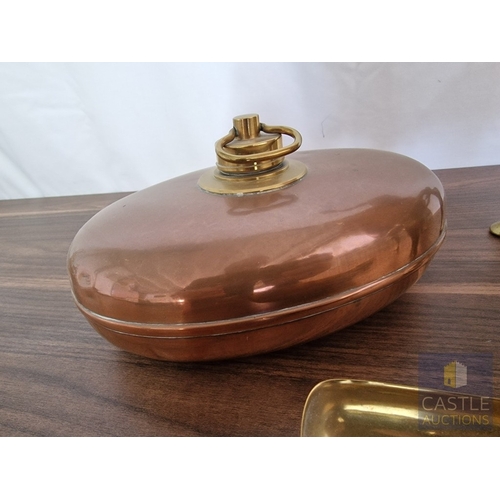 191 - Copper & Brass Hot Water Bottle and Kettle, Together with Brass Trivet Stand and Vintage Crumb Tray ... 