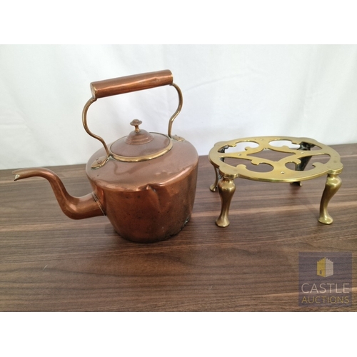 191 - Copper & Brass Hot Water Bottle and Kettle, Together with Brass Trivet Stand and Vintage Crumb Tray ... 
