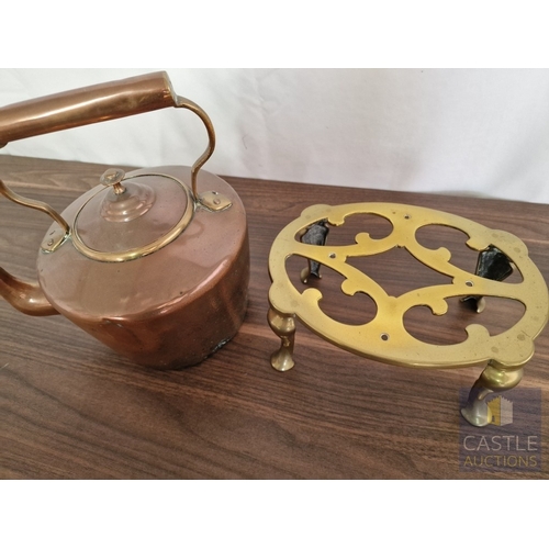 191 - Copper & Brass Hot Water Bottle and Kettle, Together with Brass Trivet Stand and Vintage Crumb Tray ... 