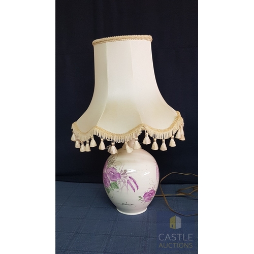 324 - Hand Made (Cyprus), Table Lampe with Ceramic Floral Pattern Base, Signed, Together Retro Beige Lamps... 
