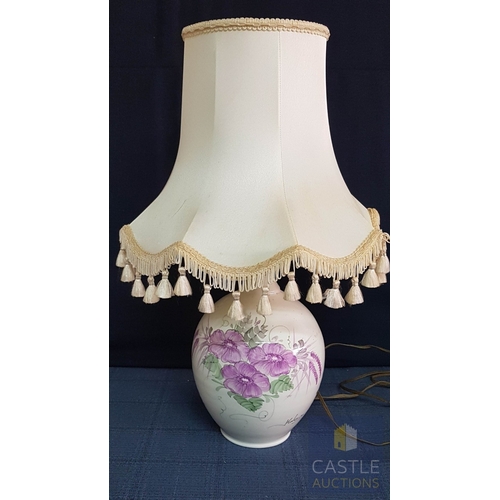 324 - Hand Made (Cyprus), Table Lampe with Ceramic Floral Pattern Base, Signed, Together Retro Beige Lamps... 