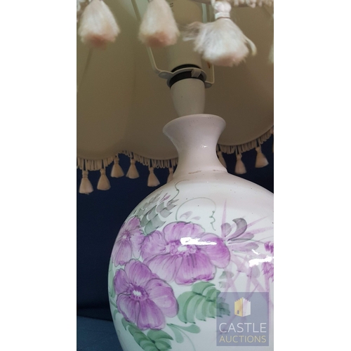 324 - Hand Made (Cyprus), Table Lampe with Ceramic Floral Pattern Base, Signed, Together Retro Beige Lamps... 