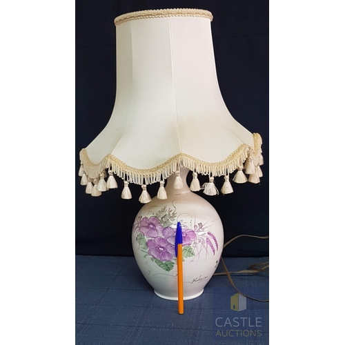 324 - Hand Made (Cyprus), Table Lampe with Ceramic Floral Pattern Base, Signed, Together Retro Beige Lamps... 