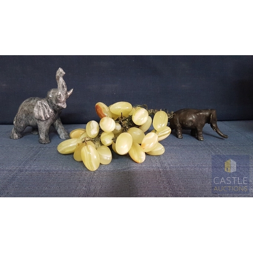 325 - Home Decor; 2x Bunches of Grapes- Natural Green Stone Cluster & Leaves, Together 2x Elephant Figurin... 
