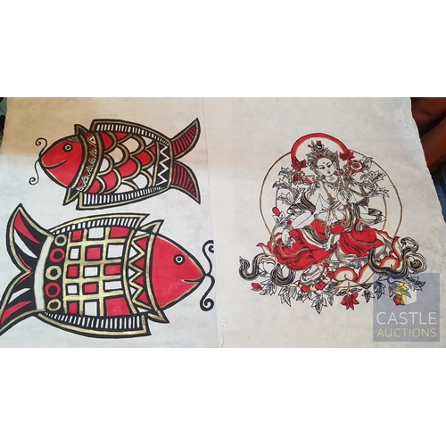 328 - Himalayan Art (Nepal), 2x Handmade Lokta Paper with Hand Painted Buddhist Deity (Approx. 75cm x 48cm... 