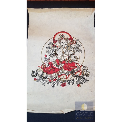 328 - Himalayan Art (Nepal), 2x Handmade Lokta Paper with Hand Painted Buddhist Deity (Approx. 75cm x 48cm... 