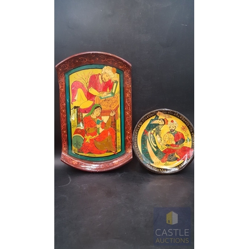 329 - Oriental Mughal- Style Miniature Paintings Crafted on Terracotta Dishes, Traditional Courtly Scenes,... 