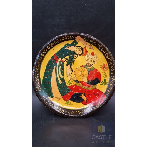 329 - Oriental Mughal- Style Miniature Paintings Crafted on Terracotta Dishes, Traditional Courtly Scenes,... 