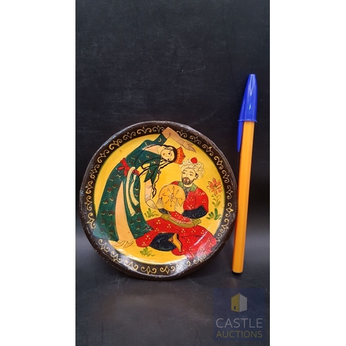 329 - Oriental Mughal- Style Miniature Paintings Crafted on Terracotta Dishes, Traditional Courtly Scenes,... 