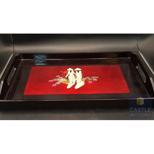 330 - Vietnamese Lacquer Tray, Likely Original from Hanoi, Made of Dark Polished Wood with Built- In Handl... 