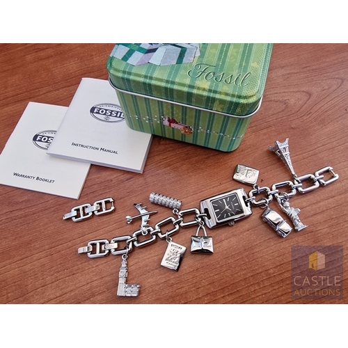 176 - FOSSIL Charm Bracelet Watch, (Model: ES-1133), Stainless Steel Case & Bracelet Strap with Various Tr... 