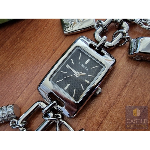 176 - FOSSIL Charm Bracelet Watch, (Model: ES-1133), Stainless Steel Case & Bracelet Strap with Various Tr... 