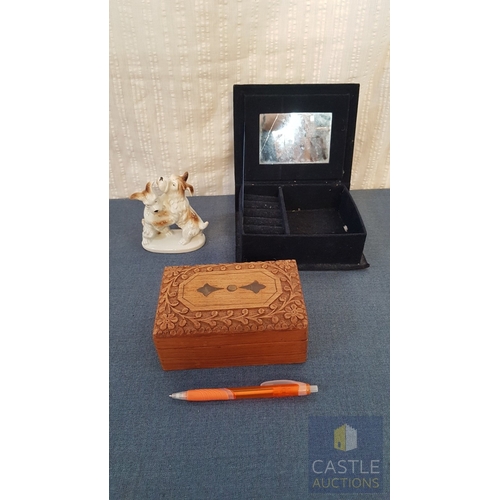 671F - Porcelain Dog Figurine, Together With A Wooden Jewelry Box & A Black Velvet Jewelry Box. A/F