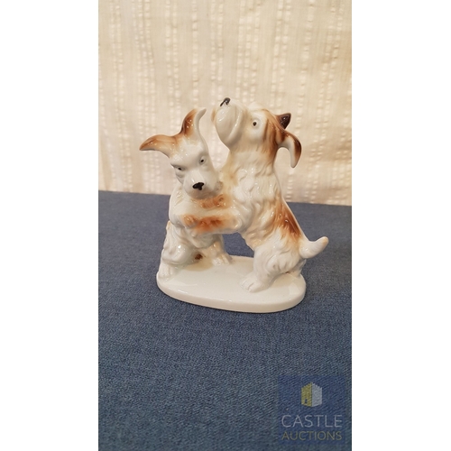 671F - Porcelain Dog Figurine, Together With A Wooden Jewelry Box & A Black Velvet Jewelry Box. A/F
