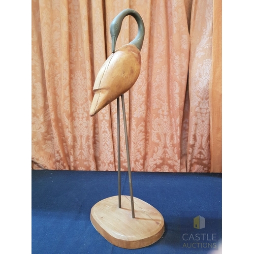 672G - Wooden and Metal Figurine of Crane, Brass Effect Slender Neck with a Small Head, Carved Wooden Body ... 
