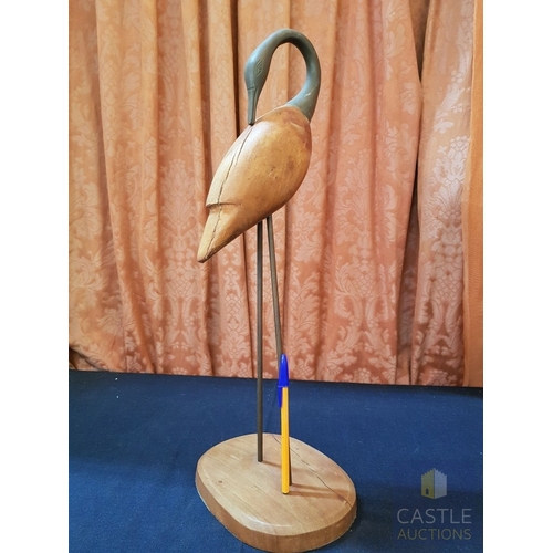 672G - Wooden and Metal Figurine of Crane, Brass Effect Slender Neck with a Small Head, Carved Wooden Body ... 