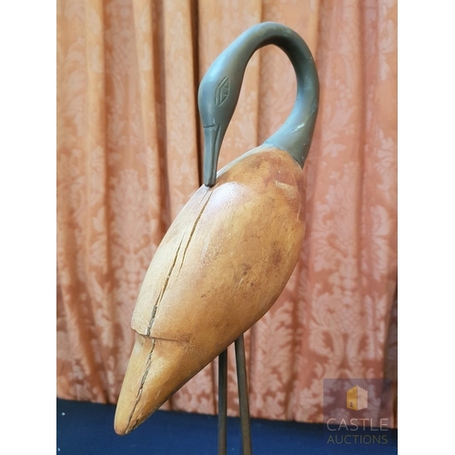 672G - Wooden and Metal Figurine of Crane, Brass Effect Slender Neck with a Small Head, Carved Wooden Body ... 