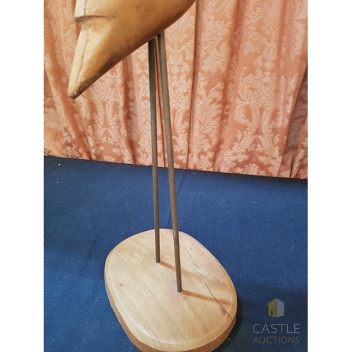 672G - Wooden and Metal Figurine of Crane, Brass Effect Slender Neck with a Small Head, Carved Wooden Body ... 
