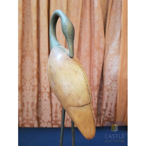 672G - Wooden and Metal Figurine of Crane, Brass Effect Slender Neck with a Small Head, Carved Wooden Body ... 