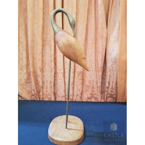 672G - Wooden and Metal Figurine of Crane, Brass Effect Slender Neck with a Small Head, Carved Wooden Body ... 