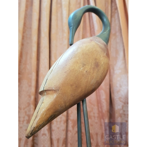 672G - Wooden and Metal Figurine of Crane, Brass Effect Slender Neck with a Small Head, Carved Wooden Body ... 